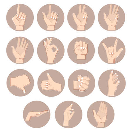 Hands gestures set, counting fingers. Vector of gesture fist and thumb up, forefinger pose, signal pointing, position show ok illustration, approval and countingのイラスト素材