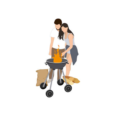 Couple cook bbq grill, barbecue party vector. Lovely man and woman hugging and watch through campfire. Preparing bbq while outdoor party. Vector illustrationのイラスト素材