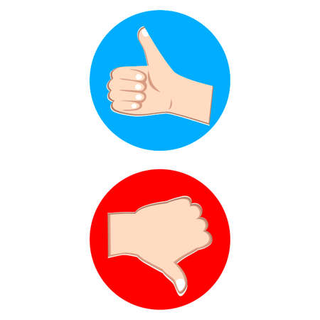 Like and dislike badge, red and blue label to communication in application, modern social approve element, interface button for blog, thumb up icon. Vector illustration feedback the best and down markのイラスト素材