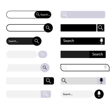 Search bar user interface collection, desing ui. Vector search web bar, navigation website ui, element to find information, browser with mic and magnifier illustrationのイラスト素材