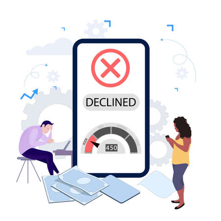 Declined request of loan in mobile banking application. Low credit rating to get cash. Disappointed client get notification from bank about rejected apply. Vector illustrationのイラスト素材