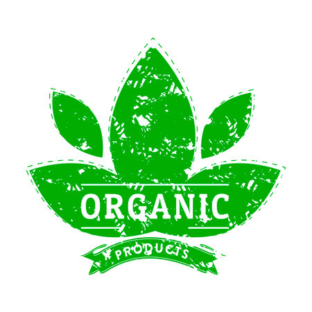 Organic product rubber stamp with green leaves. Vector quality illustration, eco industrial mark template, imprint natural business rubber stampのイラスト素材