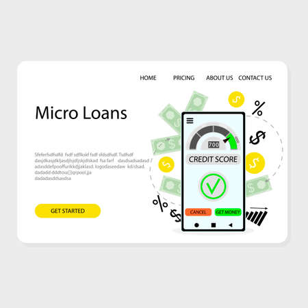 Micro loan financial bank sevice landing page. Vector immediately loan, business indicator report to get mortgage, excellent performance to quickly loan illustrationのイラスト素材