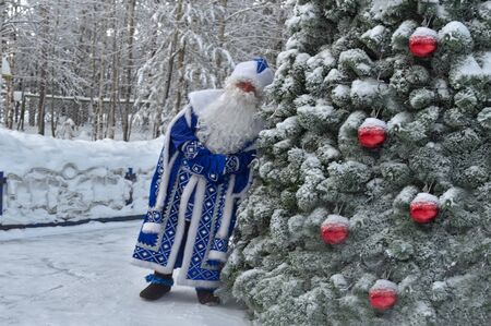 Animator in Santa Claus costume near Christmas tree.のeditorial素材