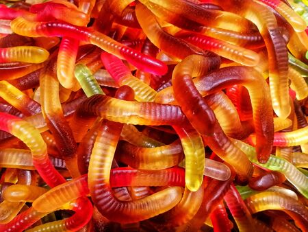 Multi-colored chewing candies in bulk. Top view.の写真素材