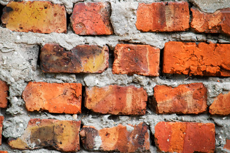 Vintage brick wall. Red bricks are textured. View from the front.