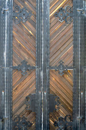 An old wrought-iron wooden door. Sunny autumn day. Front view.