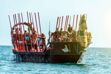 Sea pleasure boat in the form of galleys. Sunny autumn day. Crimea, Sudak - 10 October 2020.のeditorial素材