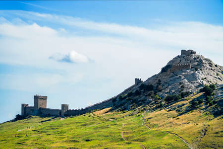 Sudak Genoese fortress. Sunny autumn day. Beautiful nature. Crimea, Sudak - 10 October 2020.