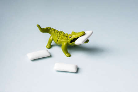 Green Toy crocodile eats chewing gum pads.の写真素材
