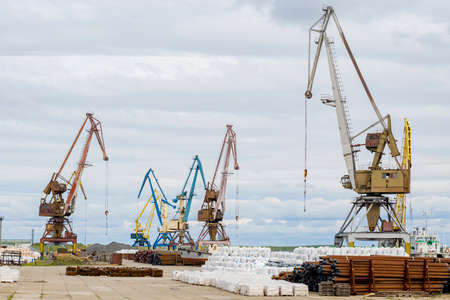 Large cranes in the river port. Outdoors, day light Front view