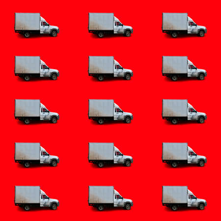 White cars of dirty on pattern. Red background, side view. Logistic.の写真素材