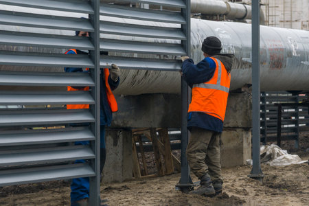 Workers build a fence, Bashkortostan, Russia - 19 June, 2022.のeditorial素材