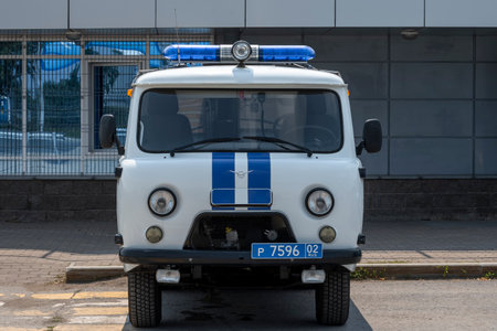Russian police car. Outdoors. Bashkortostan, Russia - 19 June, 2022.