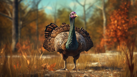 Wild turkey walking in the autumn forest. 3d render illustration.の素材