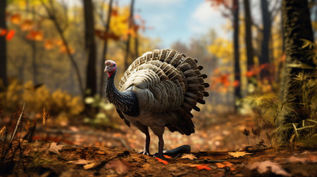 Wild turkey in the autumn forest. 3D illustration. Selective focus.の素材