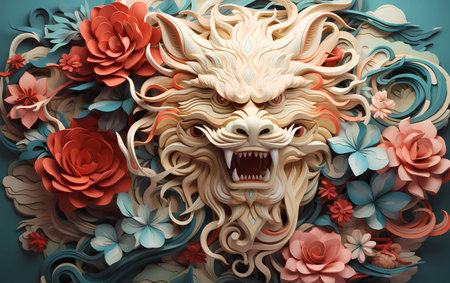 Lion face made of paper flowers. 3d illustration. Toned.の素材
