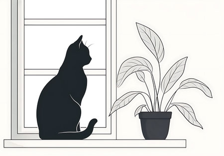 outline of a cat sitting in a windowのイラスト素材
