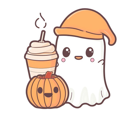 Cute Kawaii Ghost with a pumpkin and cream cupのイラスト素材