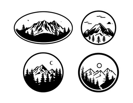 simple line art of mountains and treesのイラスト素材