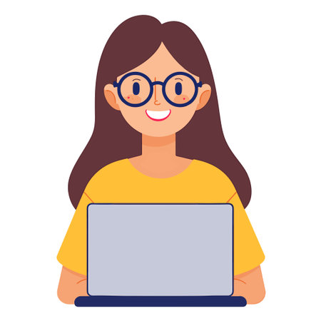 woman with glasses is smiling while sitting at her laptopのイラスト素材