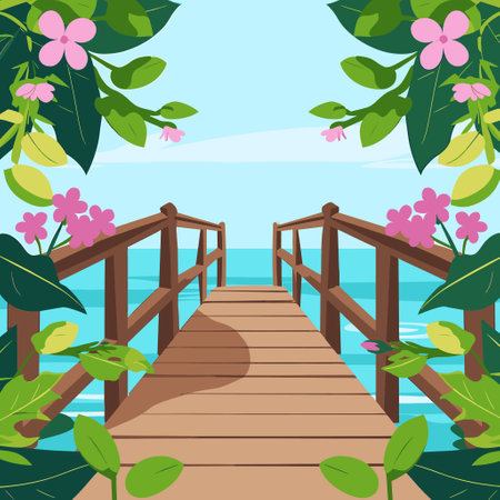 A wooden bridge leading to the sea,のイラスト素材