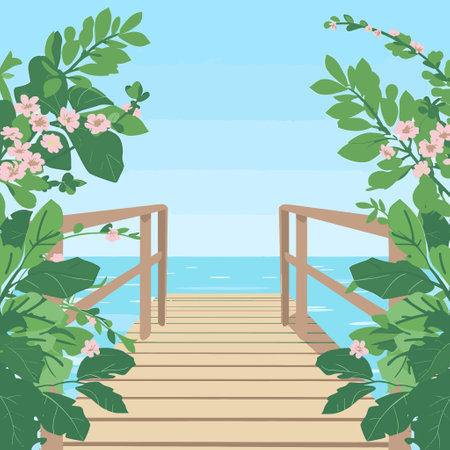 A wooden bridge leading to the sea,のイラスト素材