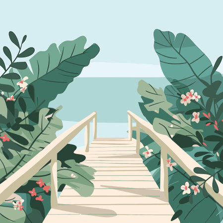 A wooden bridge leading to the sea,のイラスト素材