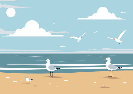 Beach and ocean background with seagullsのイラスト素材