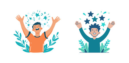 happy customer with five stars above his headのイラスト素材