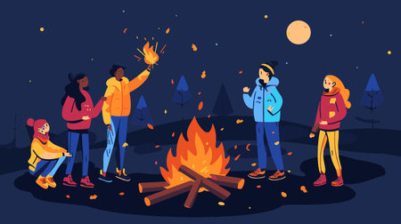 A bonfire gathering with friendsのイラスト素材