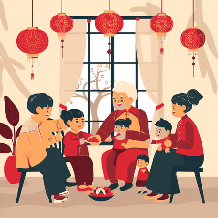 Grandparents telling Lunar New Year stories to their grandchildrenのイラスト素材