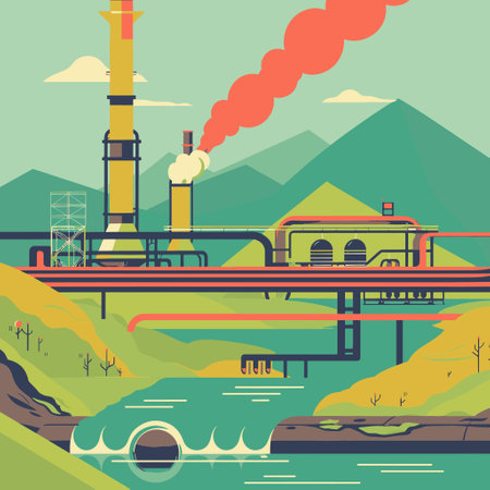 Industrial pipes leaking chemicals into a riverのイラスト素材