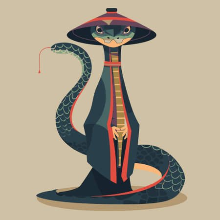 snake wearing traditional Chinese robes and a hatのイラスト素材