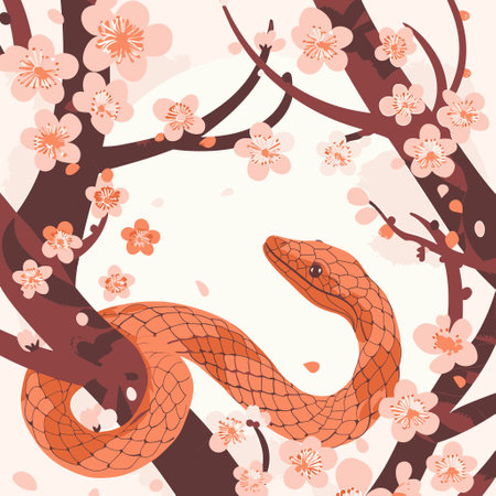 snake winding around branches of cherry blossoms
