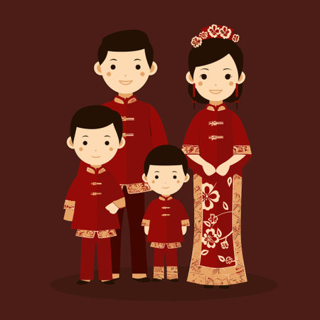 A family dressed in matching traditional Chinese outfitsのイラスト素材
