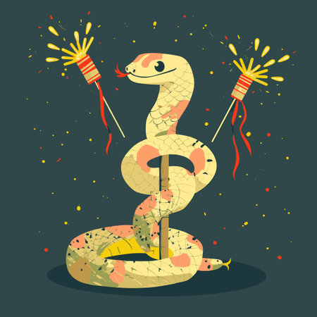 A snake coiled around a pole holding strings of firecrackersのイラスト素材