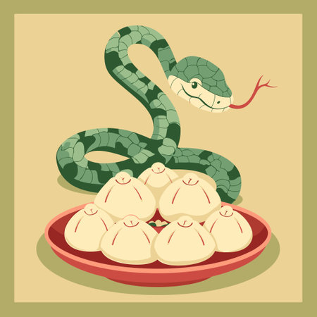 A cute snake coiled around a plate of dumplings