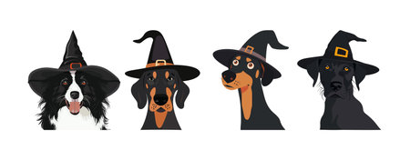 Dog wearing witch hat on a white backgroundのイラスト素材