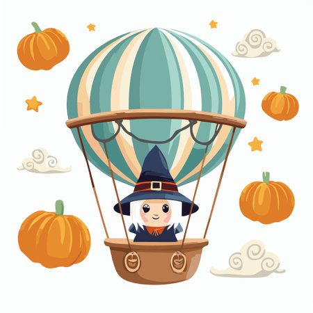 Chibi Witch in a Teacup Hot Air Balloonのイラスト素材