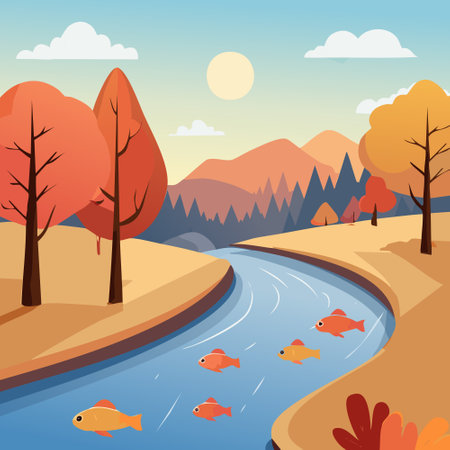 Autumn River with Shimmering Fishのイラスト素材