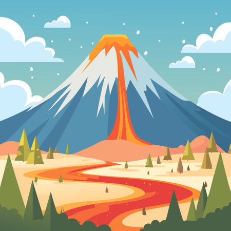 Snow Capped Volcano with Lava Flowのイラスト素材