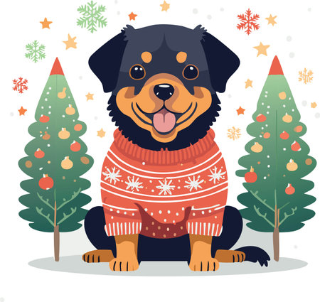 Cute Rottweiler with Christmas Sweaterのイラスト素材