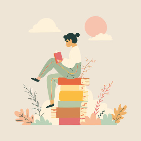 A person sitting on top of books readingのイラスト素材