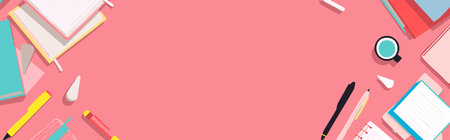 A pink background with icons of books pens and paper