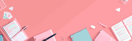 A pink background with icons of books pens and paper