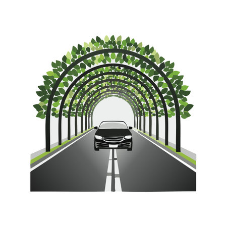 Black and white car driving through a tunnel of treesのイラスト素材