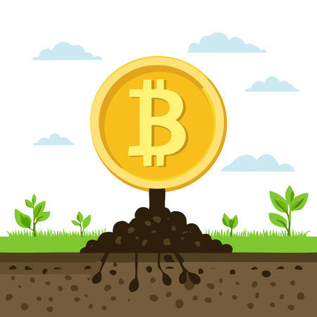 A large Bitcoin coin rises from the groundのイラスト素材