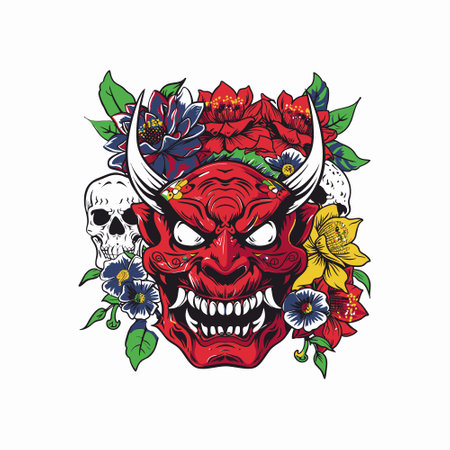 red Oni mask with colorful flowers and skullsのイラスト素材