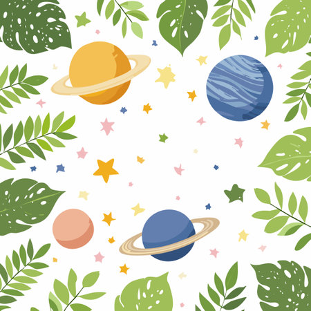 background with Planets and stars among foliageのイラスト素材